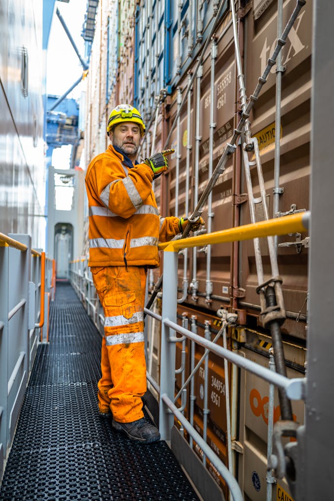 Dockworker in safety gear securing cargo containers at Felixstowe Port. Industrial logistics setting.